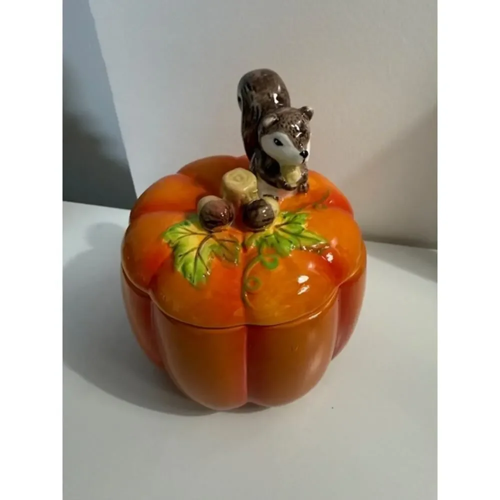 Pumpkin Cookie Jar Canister Squirrel Fall Harvest Autumn Holiday Ceramic